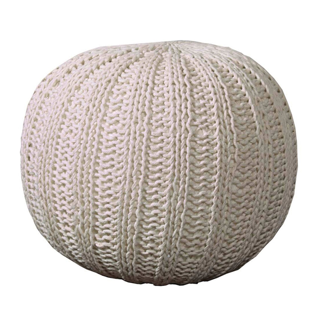 Laddha Home Designs 20" Solid Ivory Hand Knitted Round Pouf Ottoman